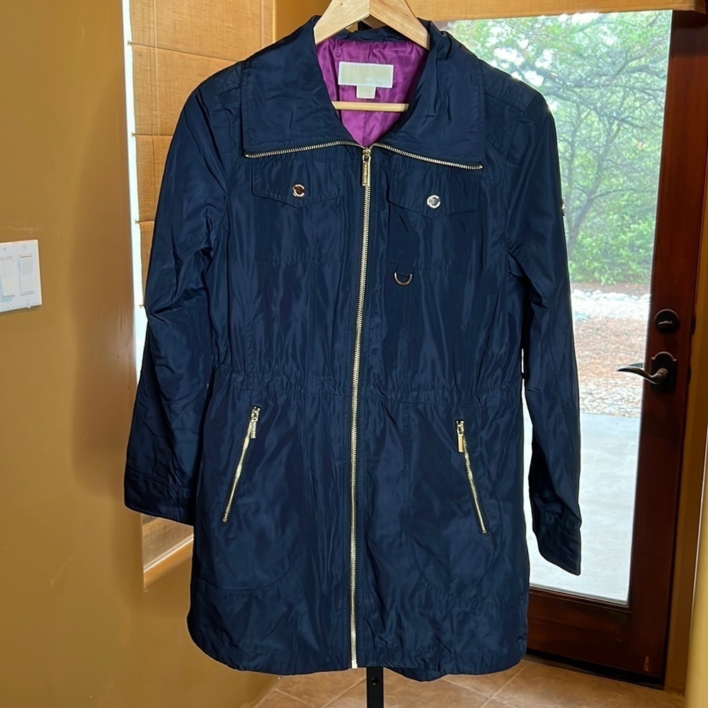Michael Kors Trench Coat Navy Blue with Purple Lining & Gold Hardware Size Small